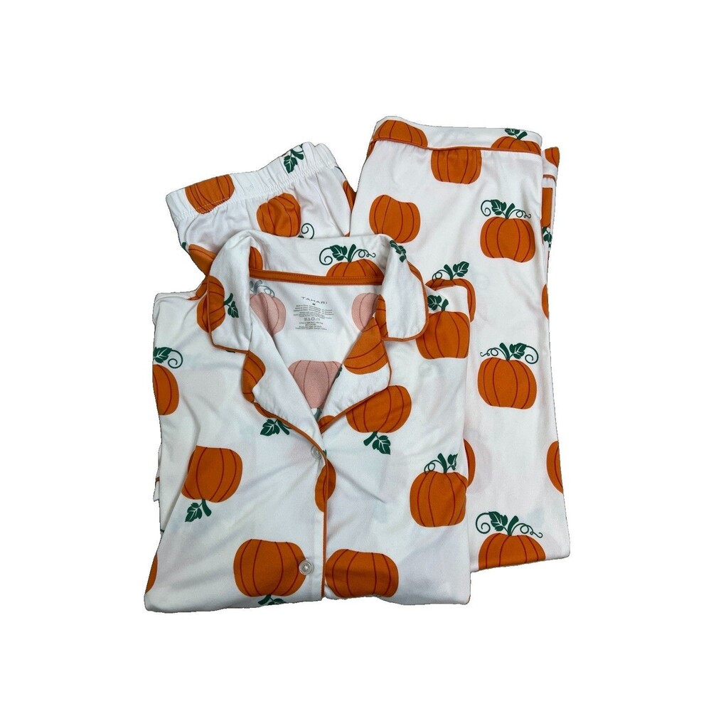 TAHARI Pumpkin Print Pajamas Set Lounge Women’s Knit Fall Sleep Size Medium